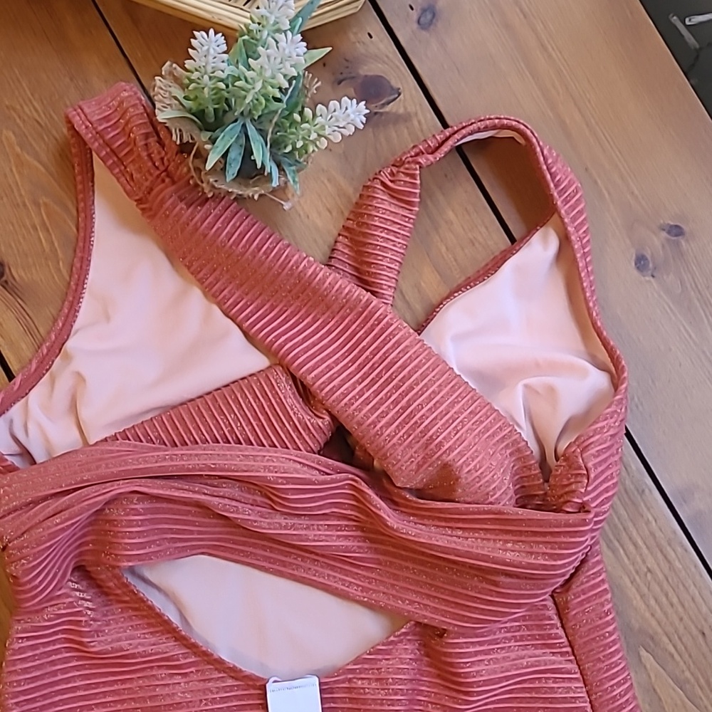 CUPSHE Sparkle Ribbed Belted Criss Cross Terracotta One Piece - Picture 5 of 11